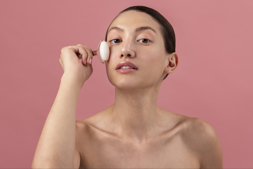 woman using face roller